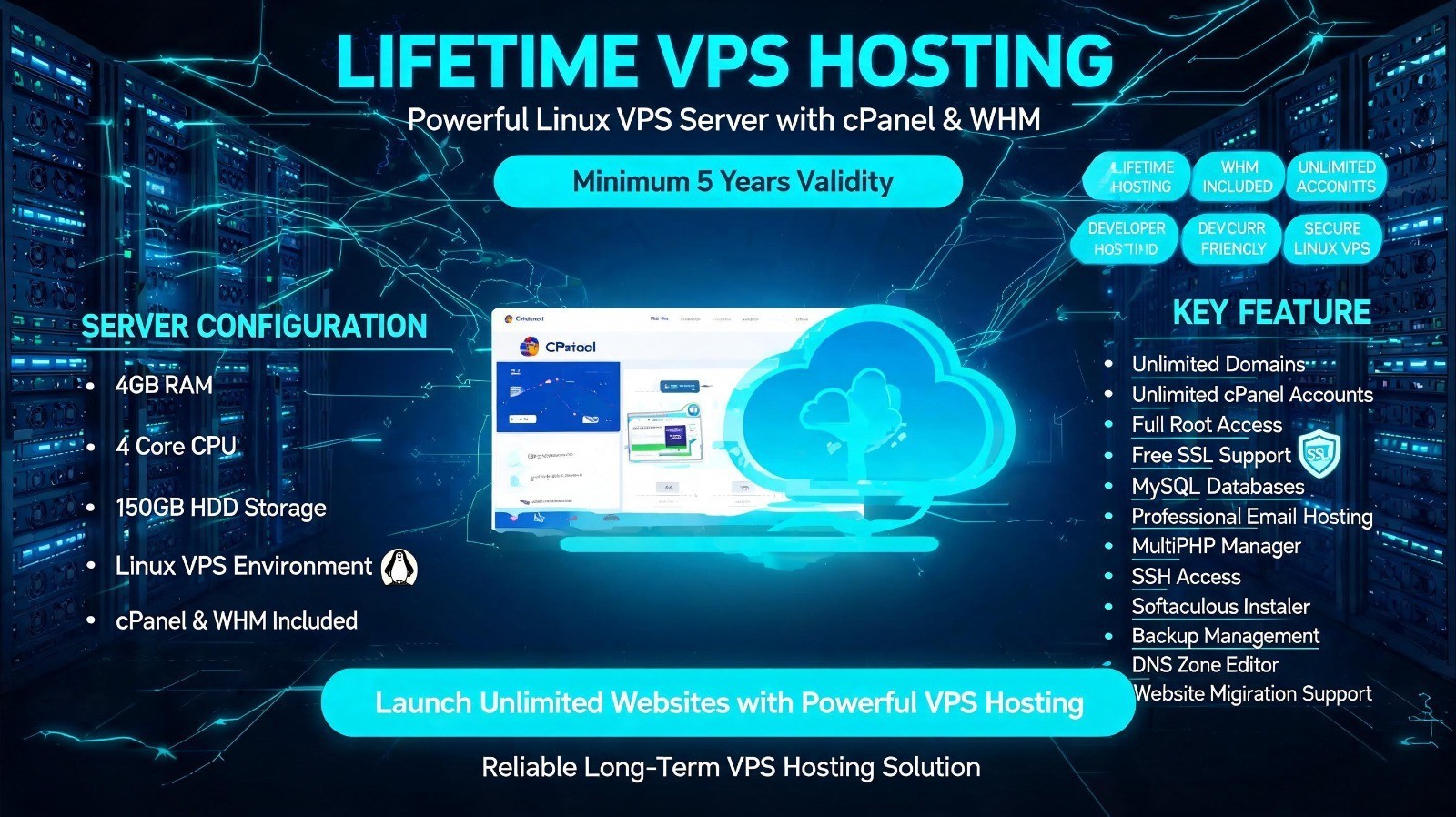 Lifetime VPS Hosting cPanel | 4GB RAM 4 Core CPU 150GB HDD | Unlimited Domains