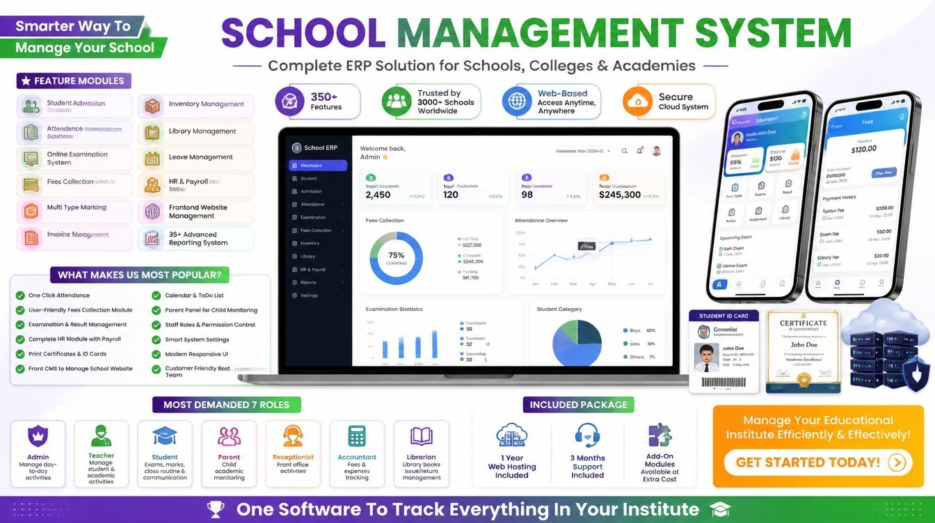 Smart School ERP Solution with Attendance, Exam, Fee & Website Tools