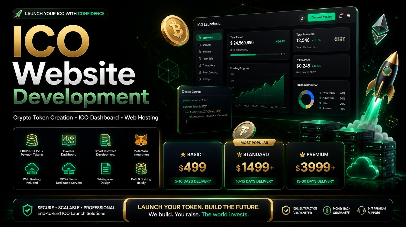 Complete ICO Launch Package – Token Development, Website, Dashboard & Hosting