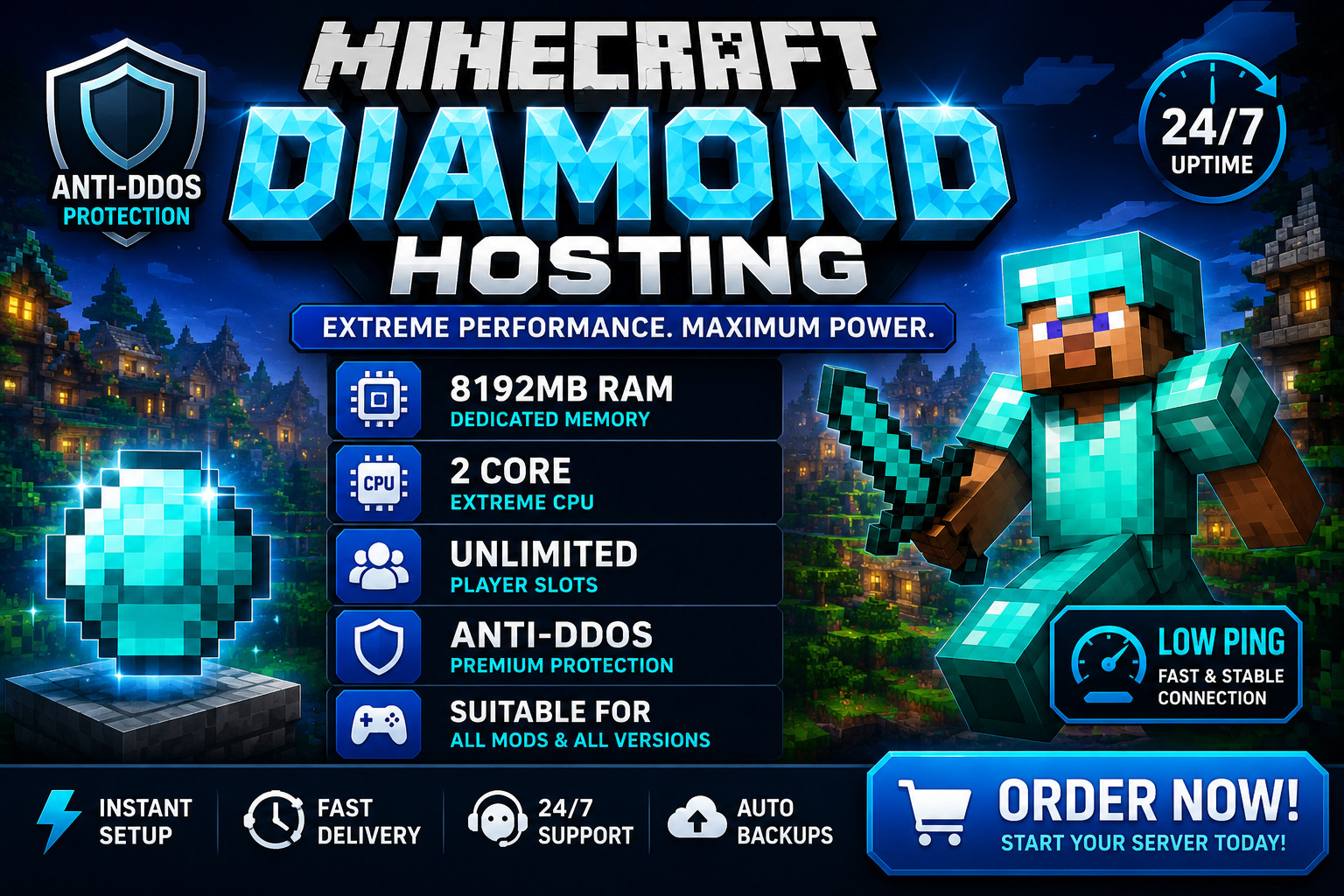 Minecraft DIAMOND Server Hosting 8GB RAM Anti DDoS Instant Setup