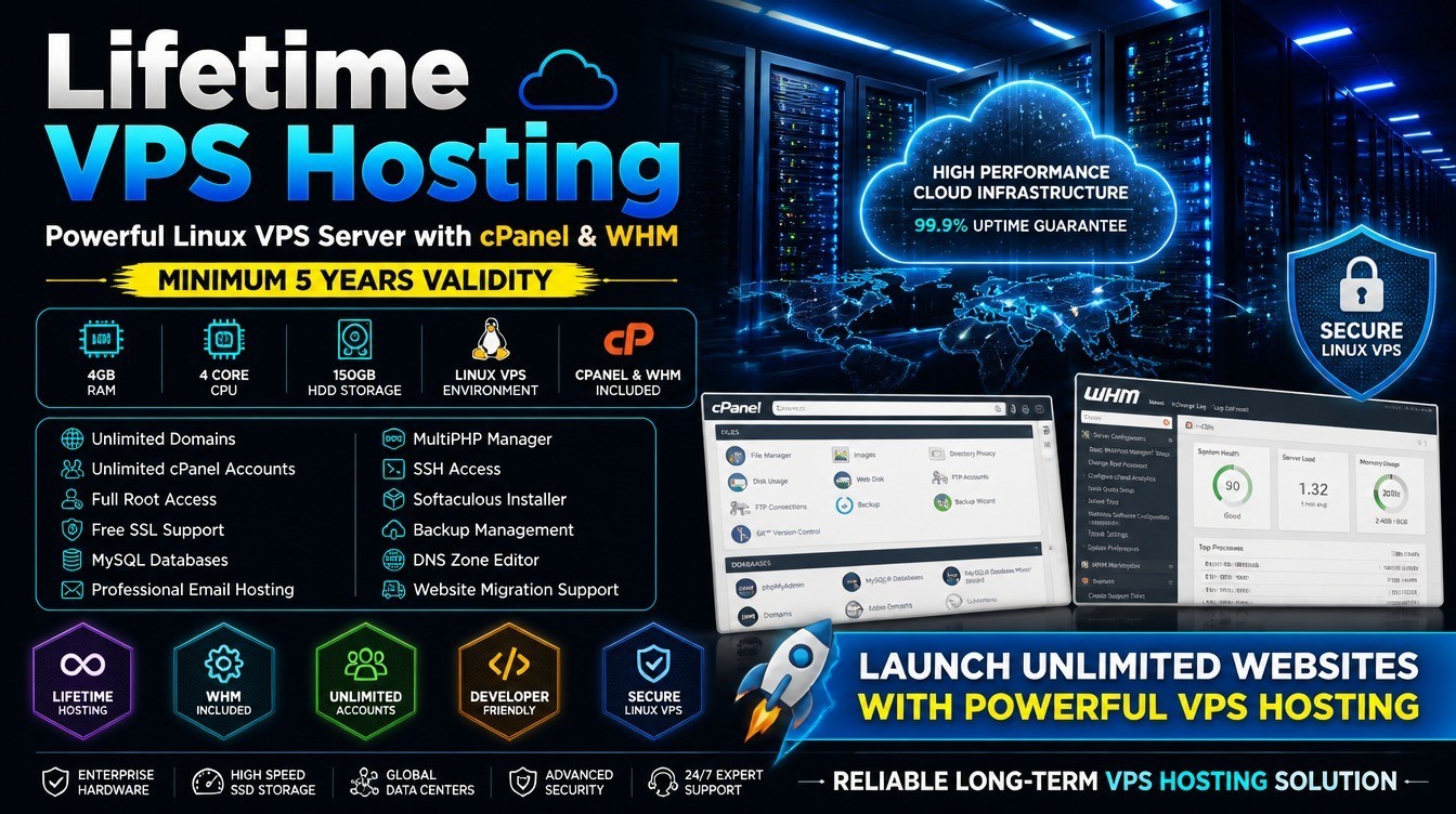 VPS Hosting Lifetime Plan | cPanel, 4GB RAM, 4 Core, 150GB Storage