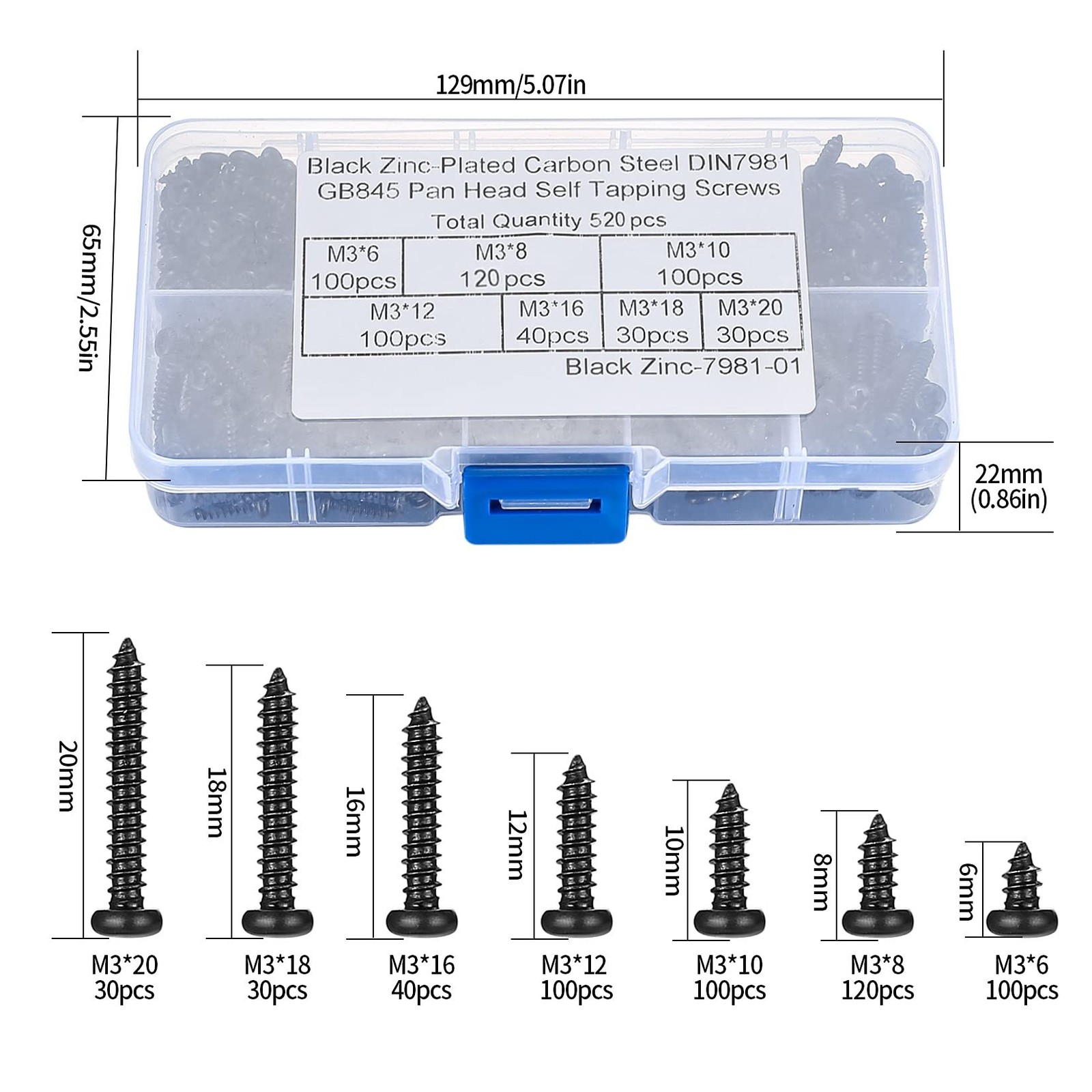 520 Pcs M3 Self-Tapping Wood Screws, Small Phillips Head Pan Round Head Screw…
