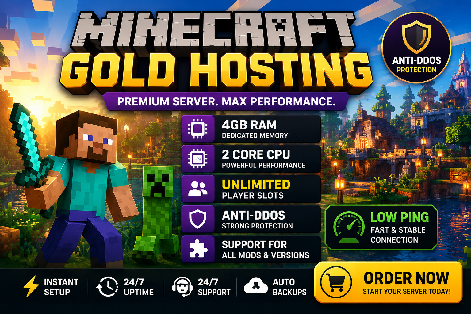 Minecraft Server Hosting 4GB RAM Anti DDoS Instant Setup 24/7