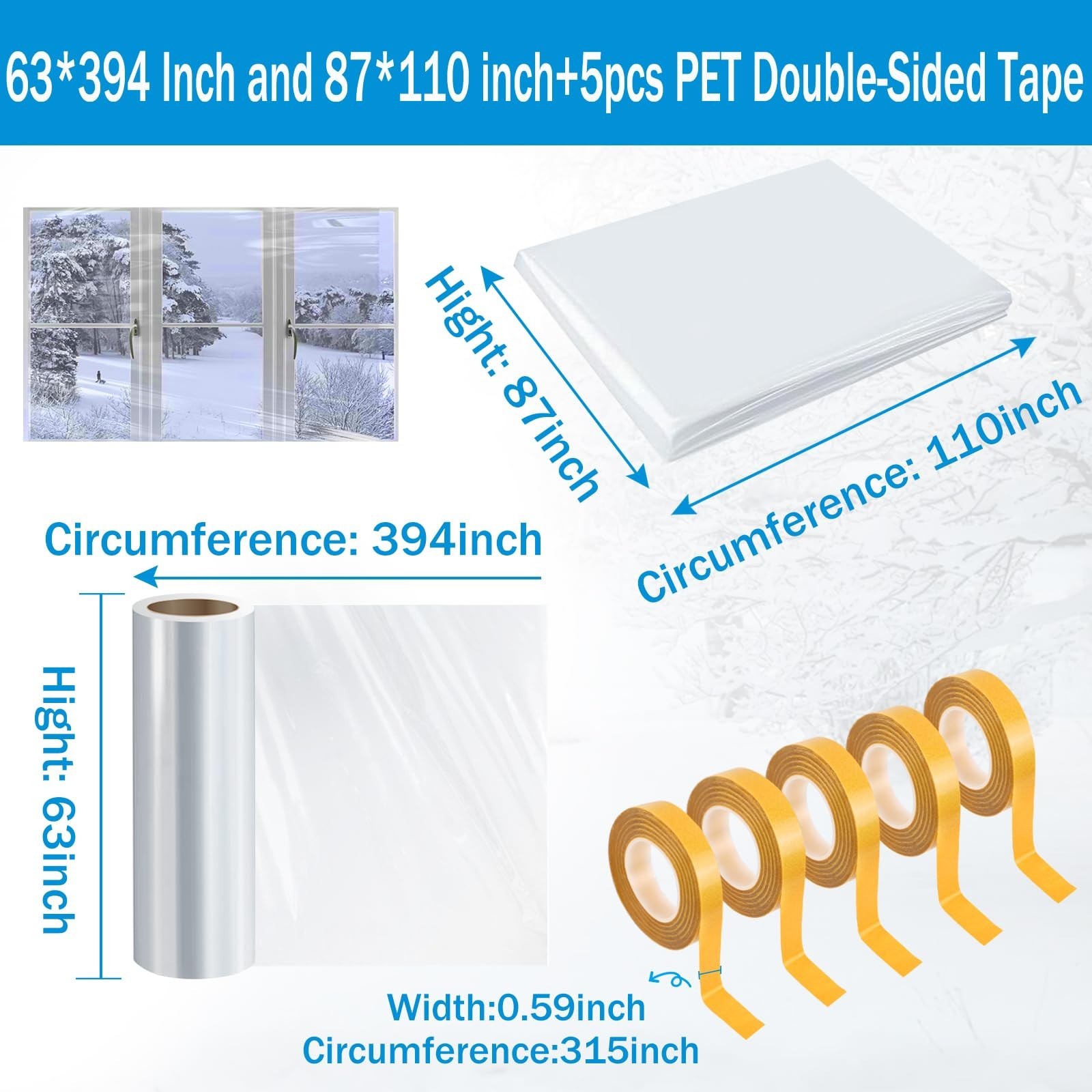Window Insulation Kit, 63 × 394 Inch and 87 x 110 inch Plastic Window Cover