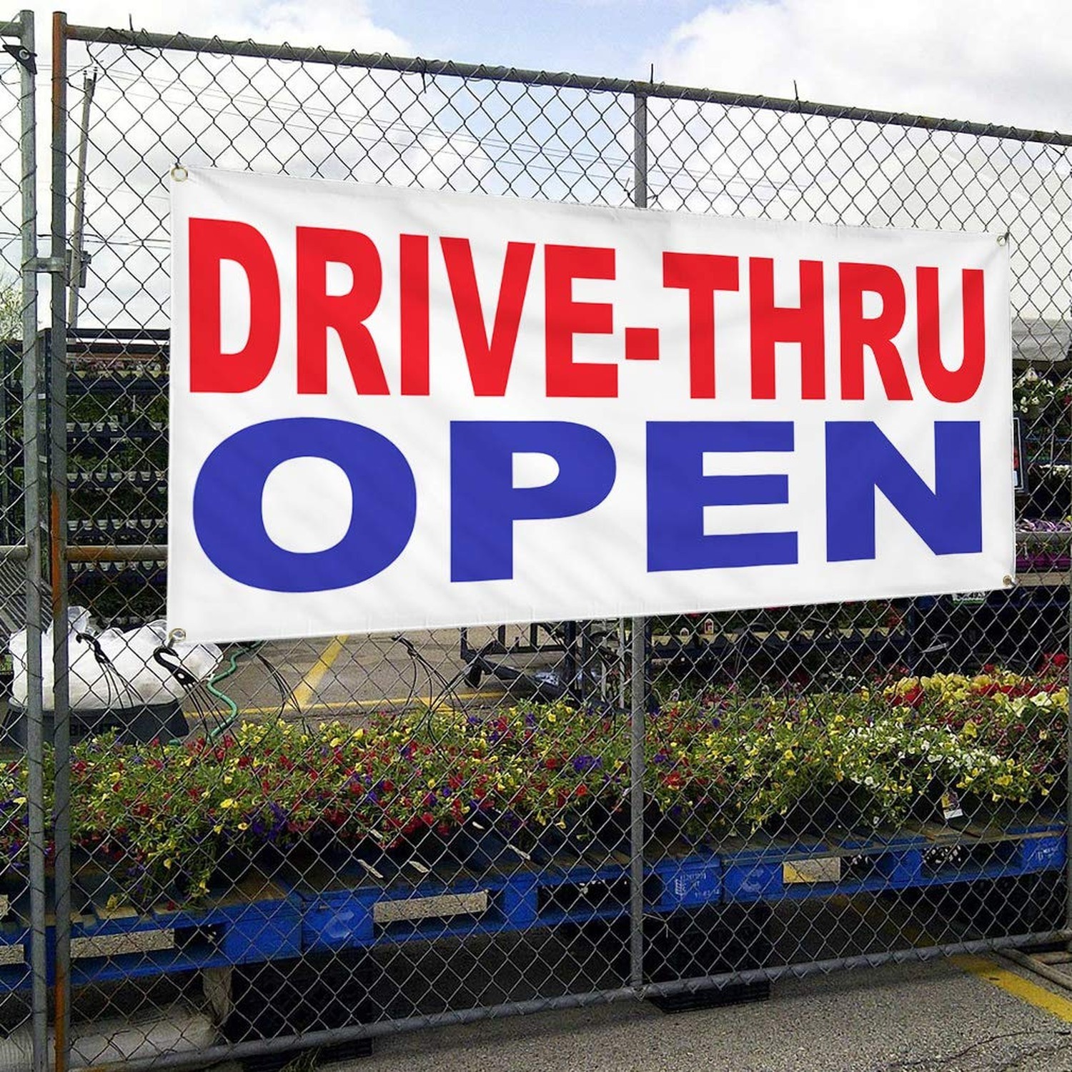 Vinyl Banner Multiple Sizes Drive-Thru Open Red Blue Business Outdoor Weather…