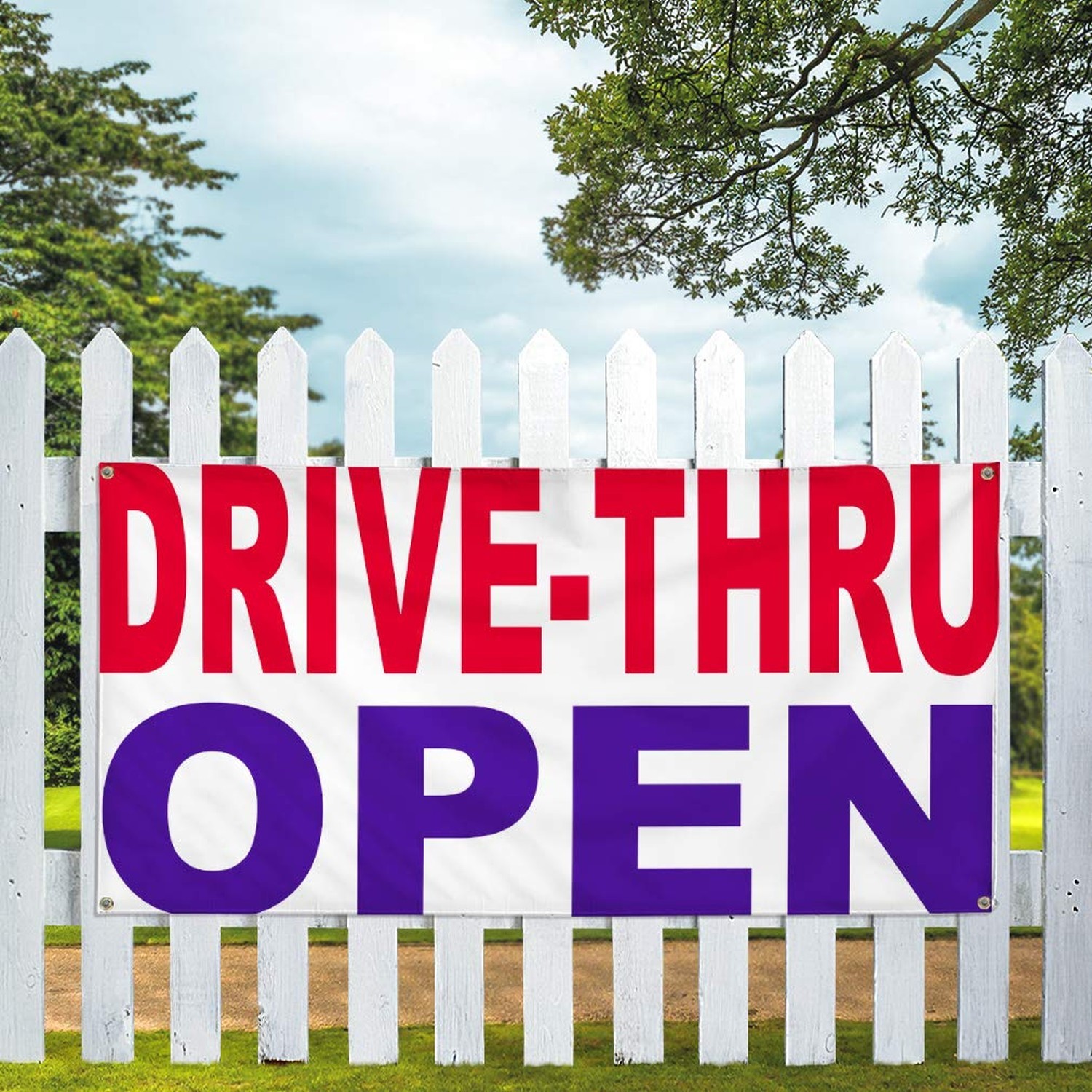 Vinyl Banner Multiple Sizes Drive-Thru Open Red Blue Business Outdoor Weather…