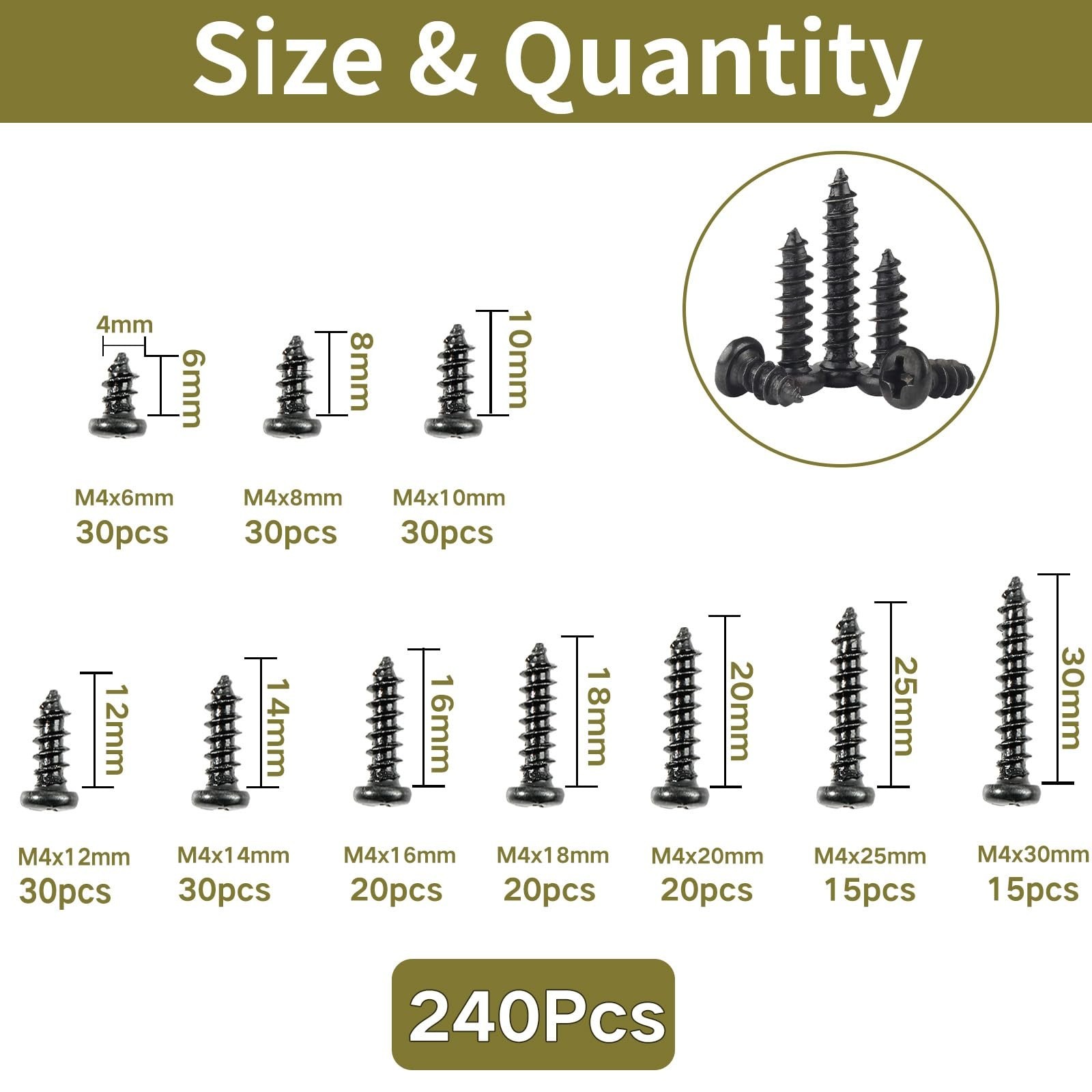 M4 Black Wood Screws,240Pcs Phillips Pan Head Self Tapping Screw,M4x6/8/10/12…