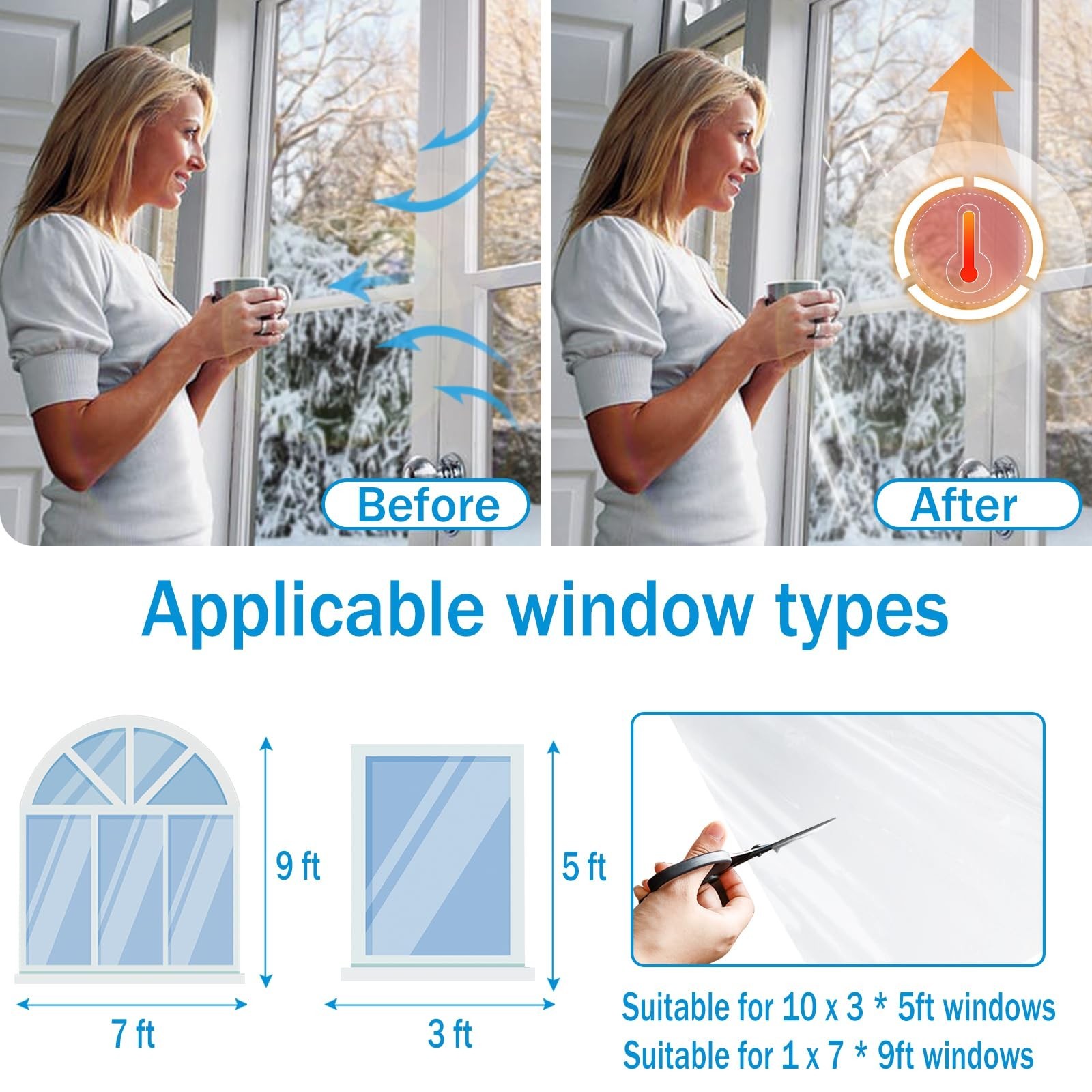 Window Insulation Kit, 63 × 394 Inch and 87 x 110 inch Plastic Window Cover