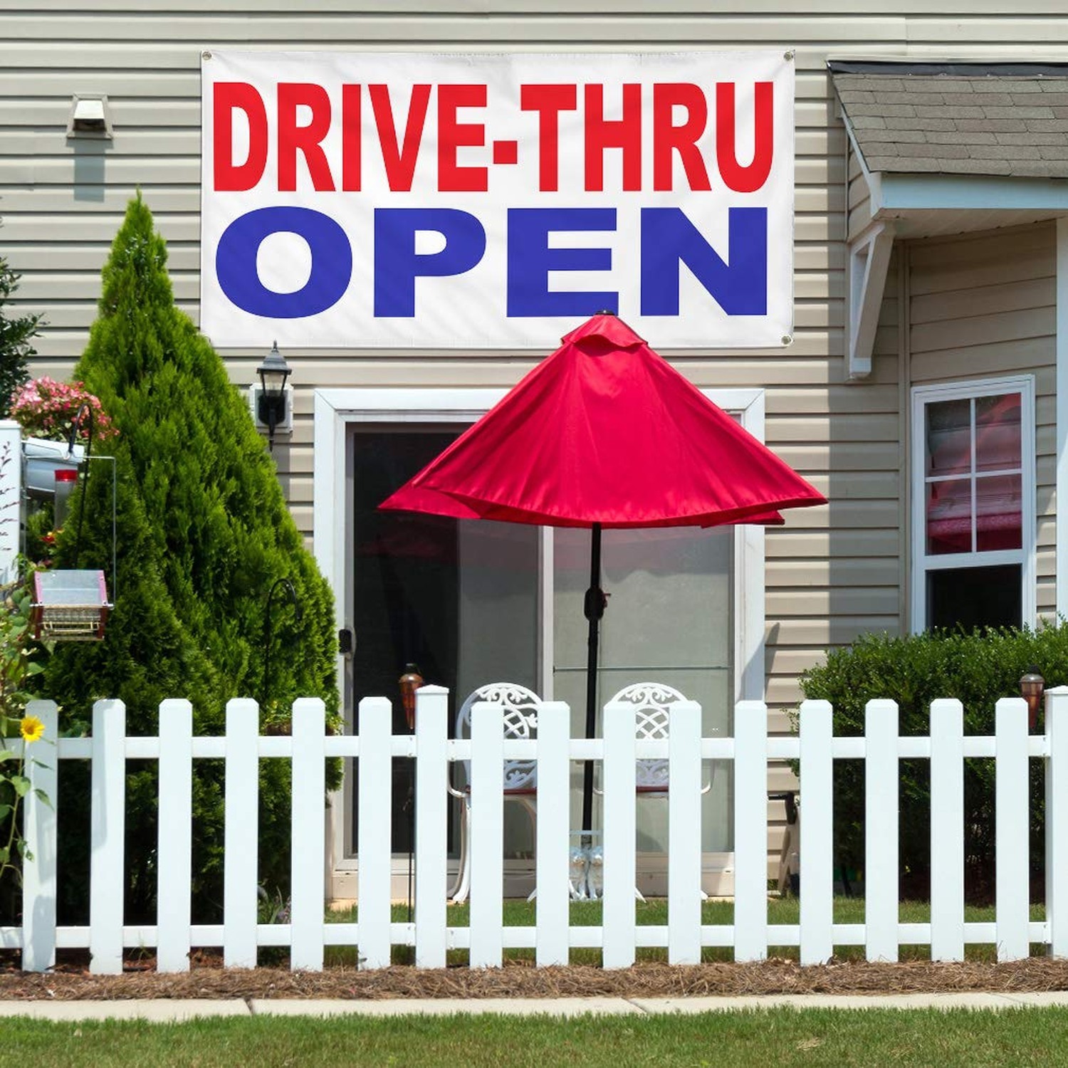Vinyl Banner Multiple Sizes Drive-Thru Open Red Blue Business Outdoor Weather…