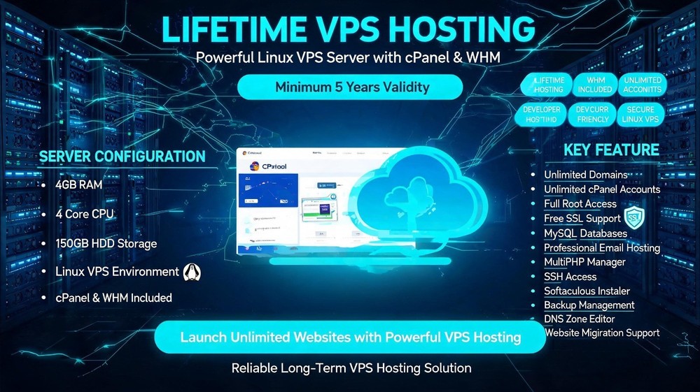 Lifetime VPS Hosting cPanel | 4GB RAM 4 Core CPU 150GB HDD | Unlimited Domains