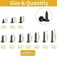 600Pcs Black M2 Pan Head Self-Tapping Screw,Phillips Cross Round Head Wood Sc…