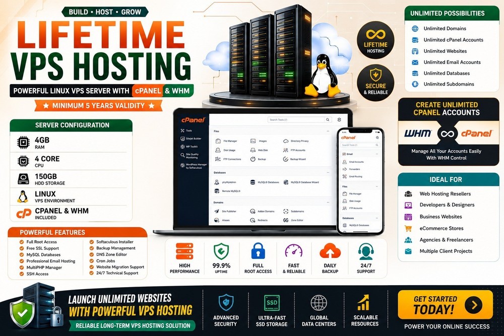 Powerful Lifetime VPS Server | cPanel, 4GB RAM, 4 CPU, Unlimited Domains