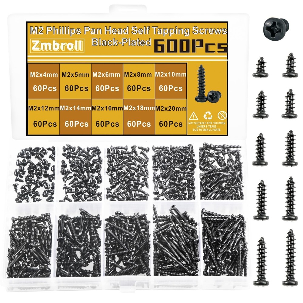 600Pcs Black M2 Pan Head Self-Tapping Screw,Phillips Cross Round Head Wood Sc…