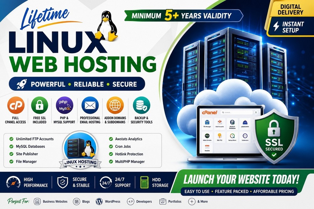 Lifetime Linux cPanel Hosting | HDD Storage, SSL, PHP, MySQL & Email | 5+ Years
