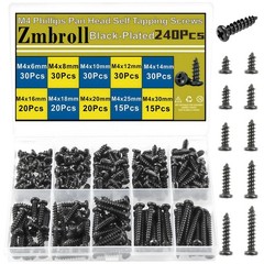 M4 Black Wood Screws,240Pcs Phillips Pan Head Self Tapping Screw,M4x6/8/10/12…