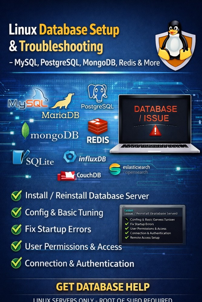 Linux Database Setup & Troubleshooting – MySQL, PostgreSQL, MongoDB, Redis & Mor